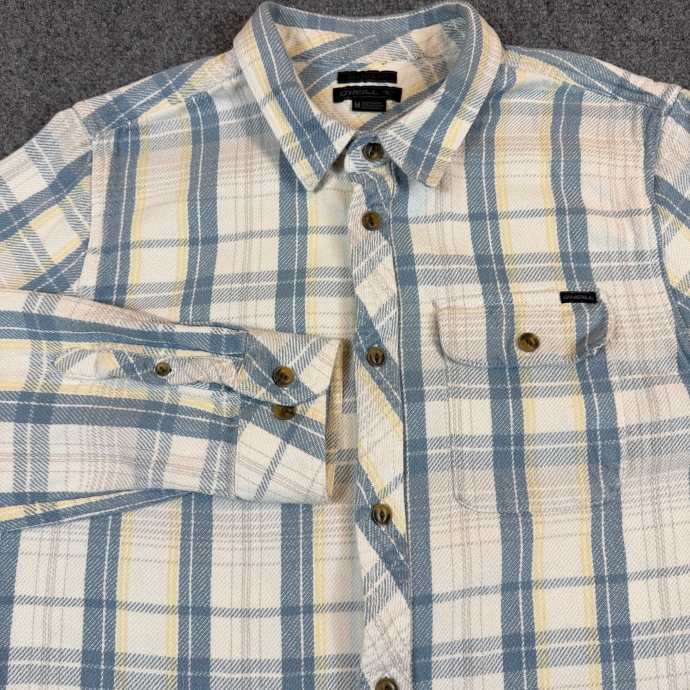 ONeill Mens Classic Fit Plaid Flannel Button Down Shirt Blue Yellow Medium